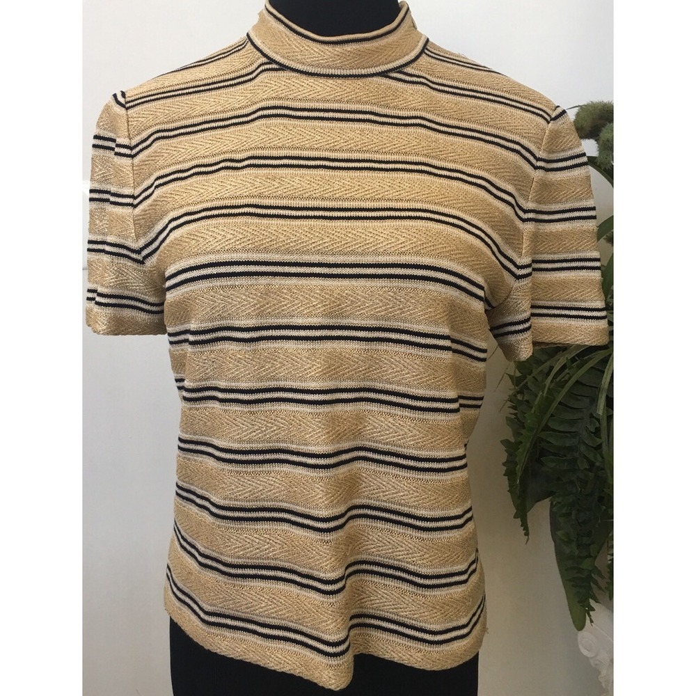 St. John Multi-Occasion Knit Scoop Neck Metallic Gold Black Sweater Top Size 10